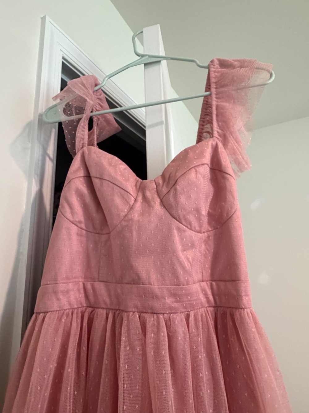 Lulus Pretty Promise Mauve Pink Swiss Dot Tulle Ruffled Midi Dress - Size XL - Picture 3 of 6